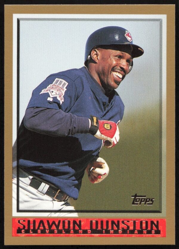 Shawon Dunston 1998 Topps Baseball Card #414, dynamic pose, team details visible.