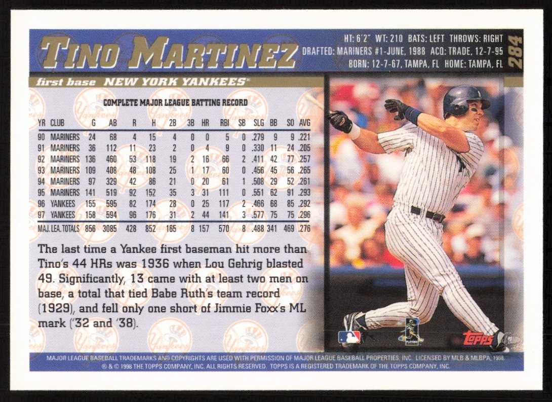 Back of 1998 Topps Tino Martinez baseball card with stats and career highlights.