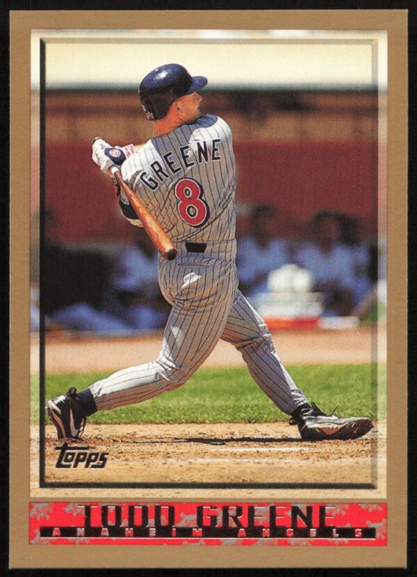 Todd Greene 1998 Topps card #382, Angels uniform, stadium background, collectible item.