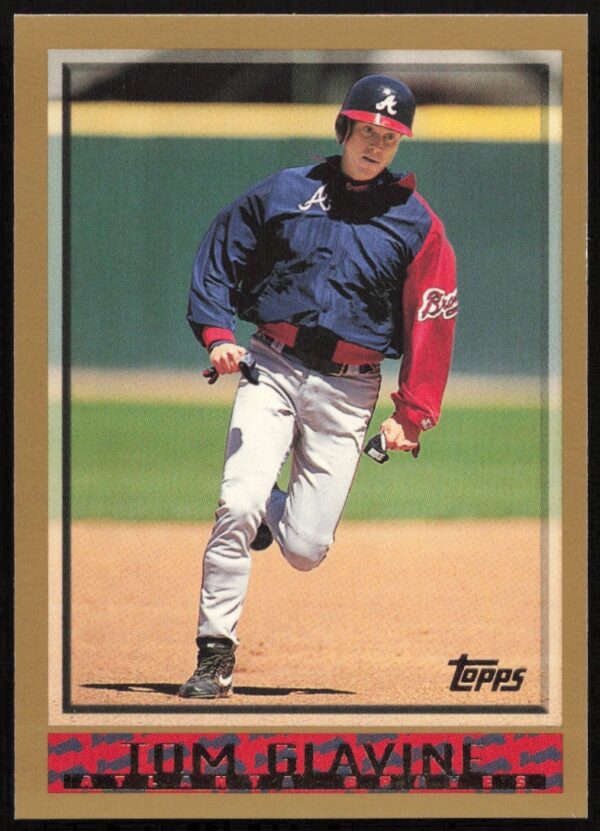 1998 Topps Tom Glavine baseball card front in Braves uniform, pitching stance.