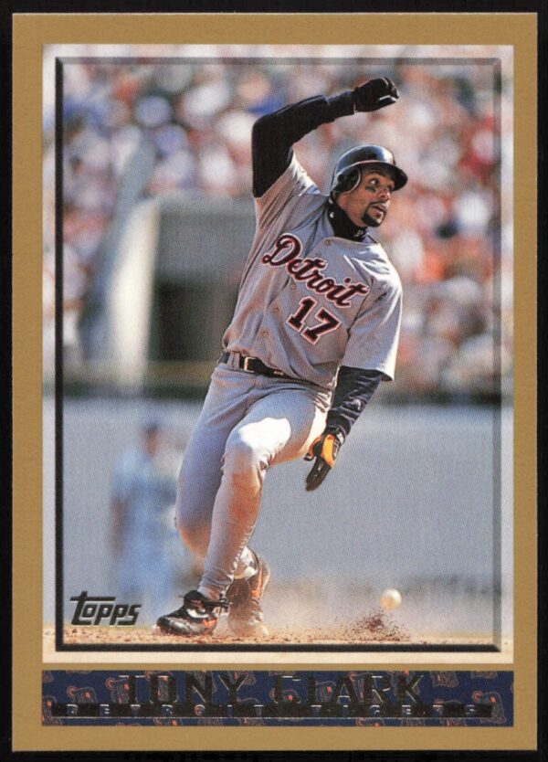 1998 Topps Tony Clark #9 baseball card front: Action shot, Detroit Tigers uniform.