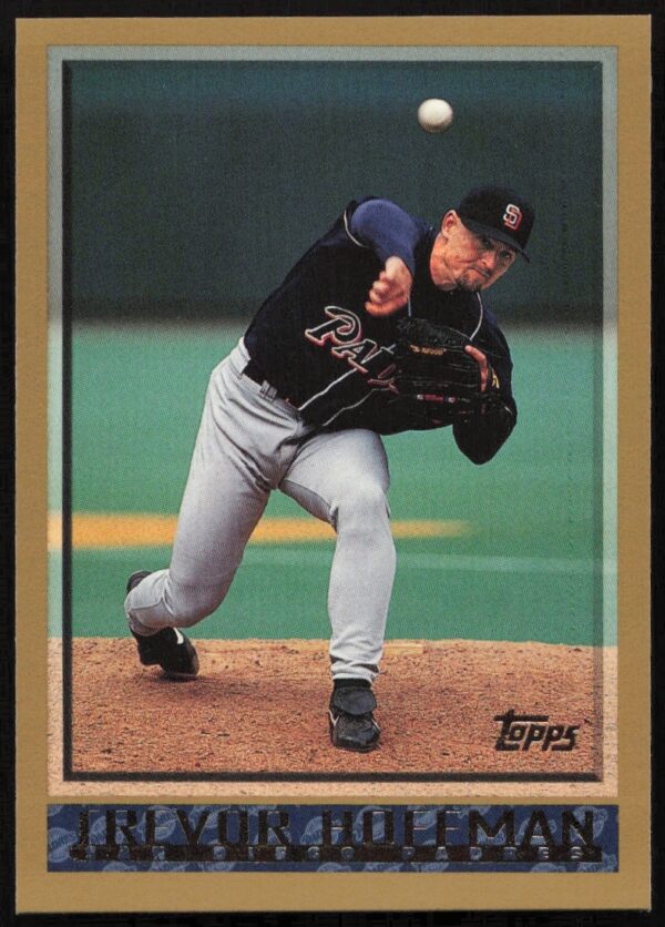 1998 Topps Trevor Hoffman Baseball Card #57, San Diego Padres, mid-pitch imagery.