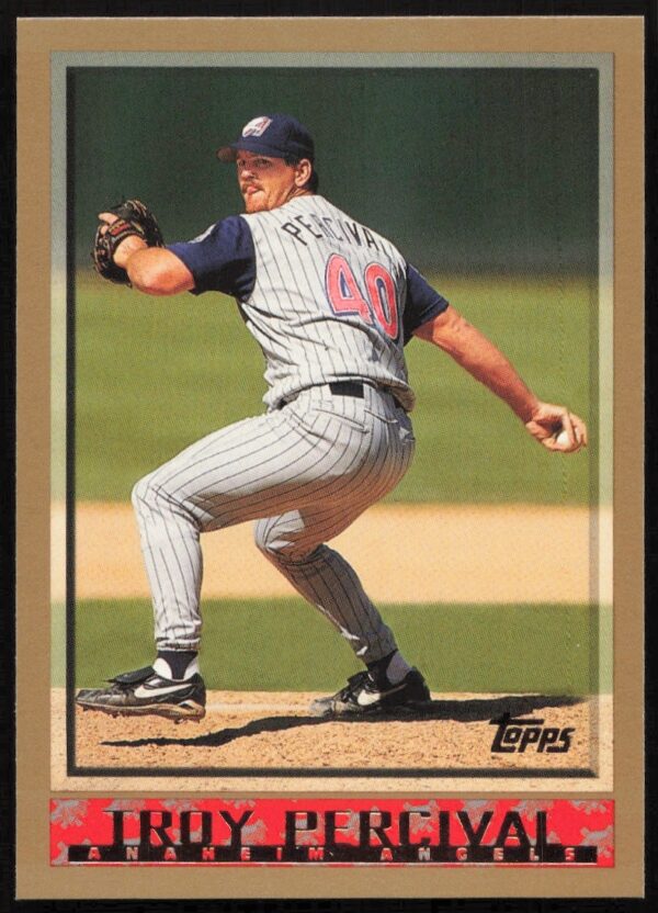 Troy Percival pitching, 1998 Topps card #308. Iconic Angels pitcher collectible.