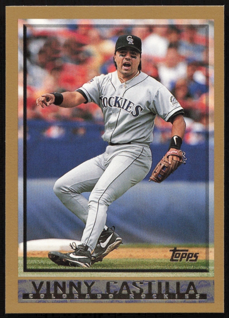Vinny Castilla 1998 Topps card #172, Colorado Rockies uniform, baseball action pose.