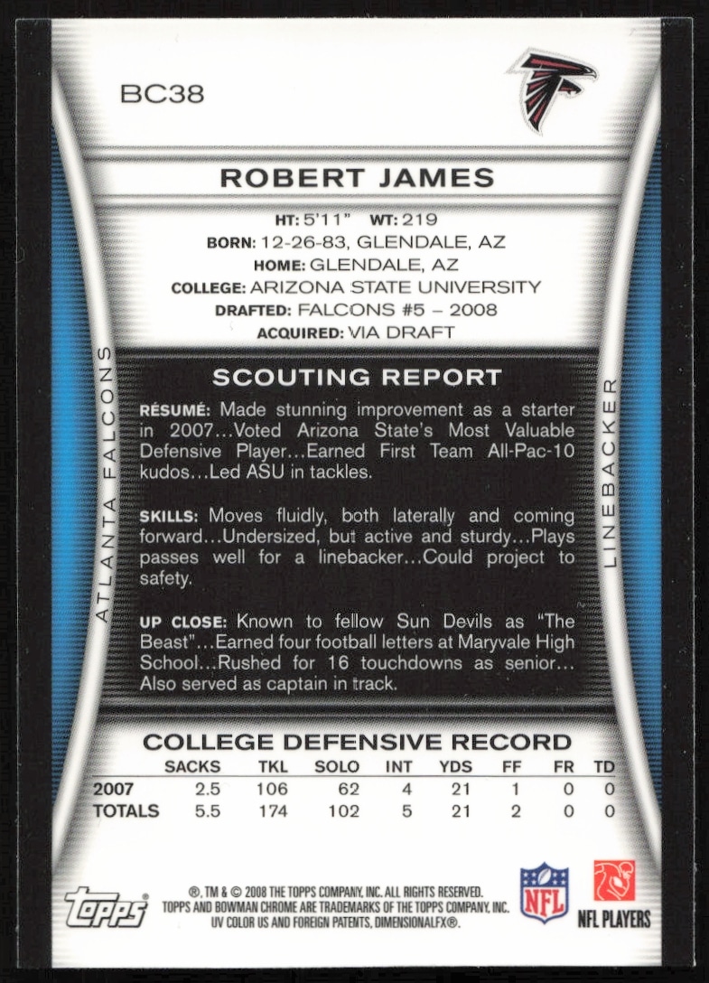 Back of 2008 Bowman Chrome Card featuring Robert James, card number BC38, with player stats.