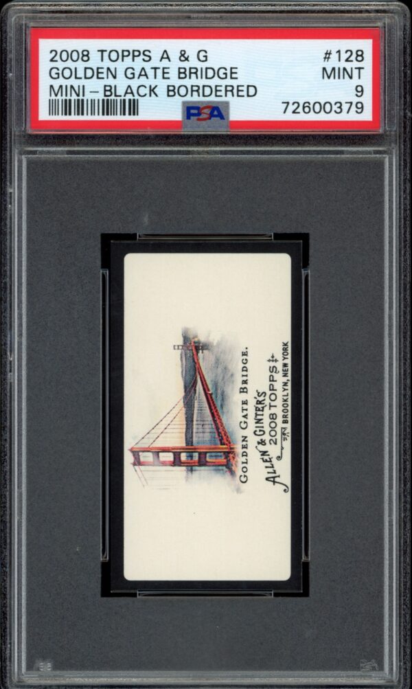 Graded 2008 Topps Mini Card featuring Golden Gate Bridge with black border, rated Mint 9.