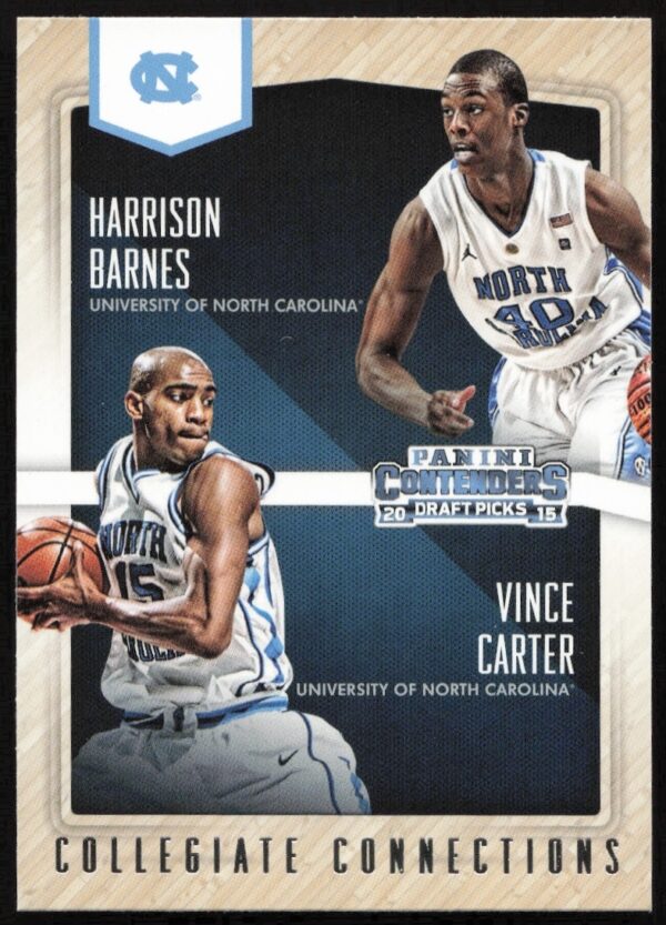 2015 Panini card featuring UNC basketball players Harrison Barnes and Vince Carter in action.