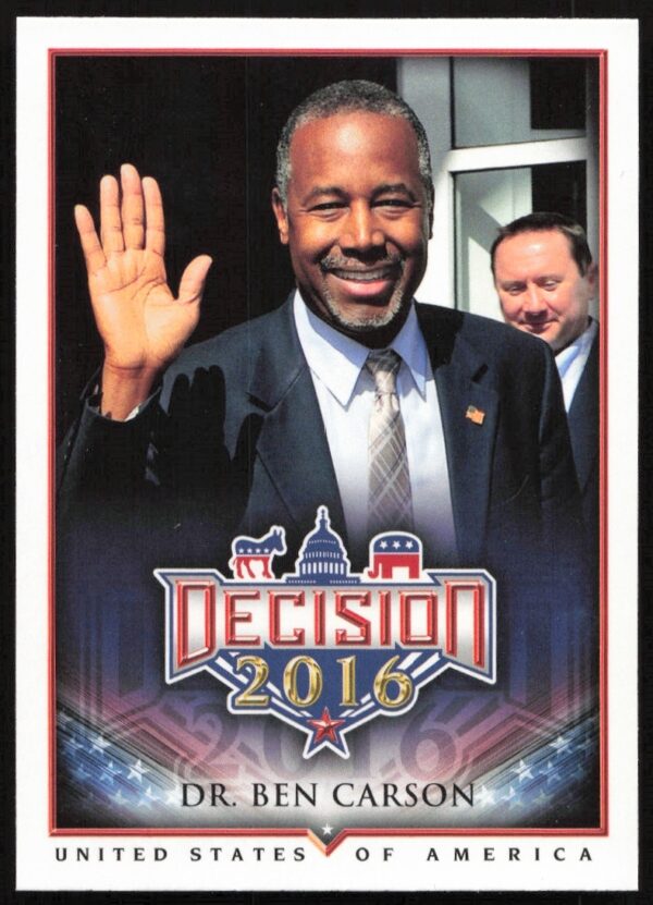2016 Leaf Decision trading card featuring Dr. Ben Carson, #1, showcasing his election period portrait.