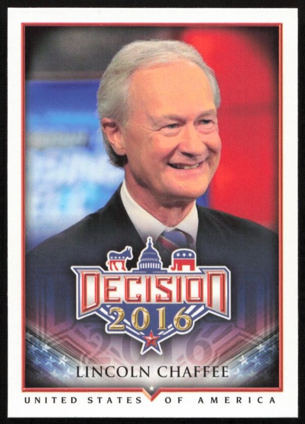 Front of 2016 Leaf Decision trading card featuring politician Lincoln Chafee, card number 15.