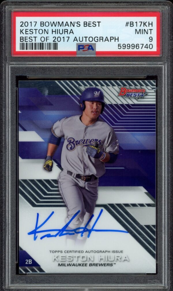 2017 Bowmans Best signed card of Milwaukee Brewers player Keston Hiura, graded MINT 9 by PSA.