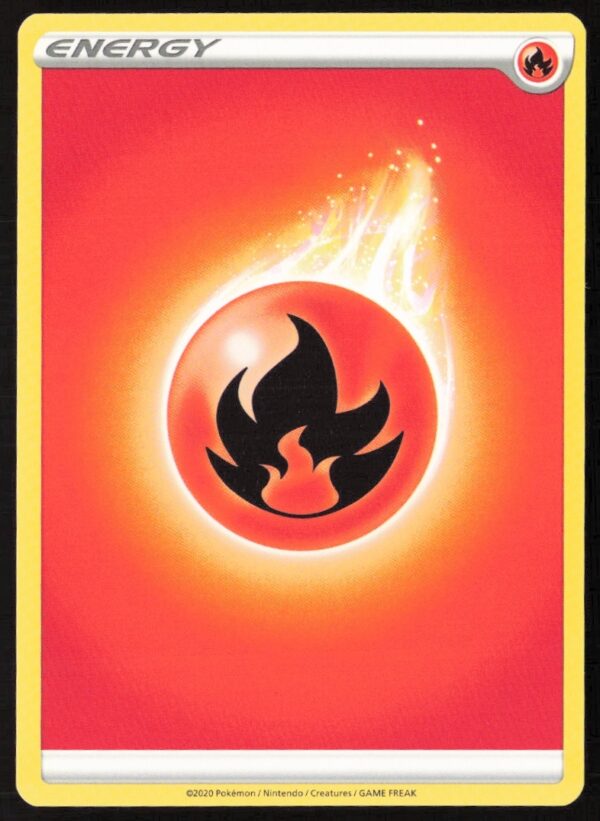 2020 Pokémon Sword & Shield Fire Energy Card featuring central red flame symbol.