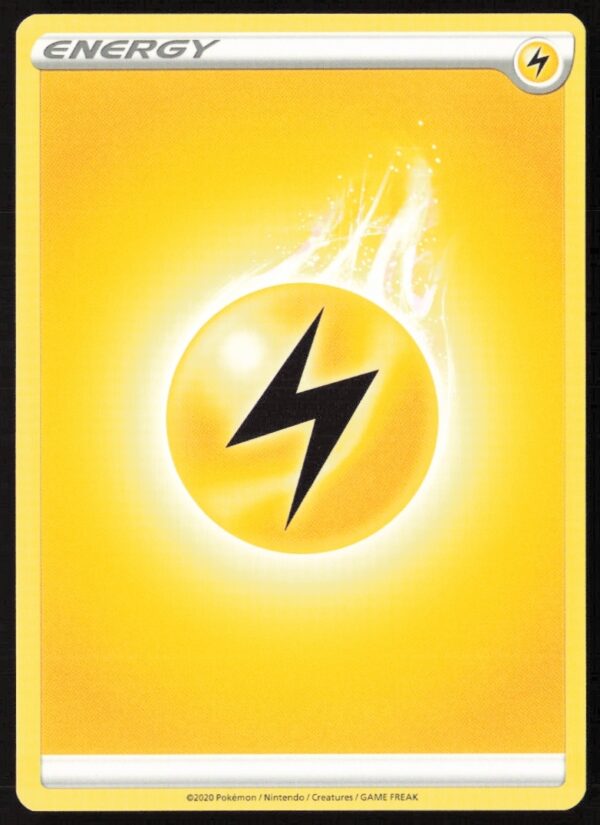 2020 Pokémon Sword & Shield Lightning Energy card showing yellow background with lightning bolt symbol.