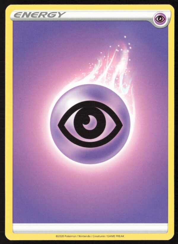 Rare 2020 Pokémon Sword & Shield Psychic Energy card with purple design and psychic symbol.