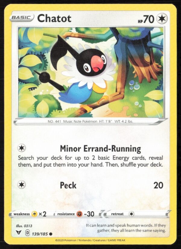 2020 Vivid Voltage Chatot card, #139/185, Sword & Shield series, vibrant design.