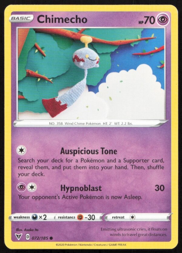 2020 Chimecho Vivid Voltage Pokémon card Sword & Shield series #072/185 illustration.