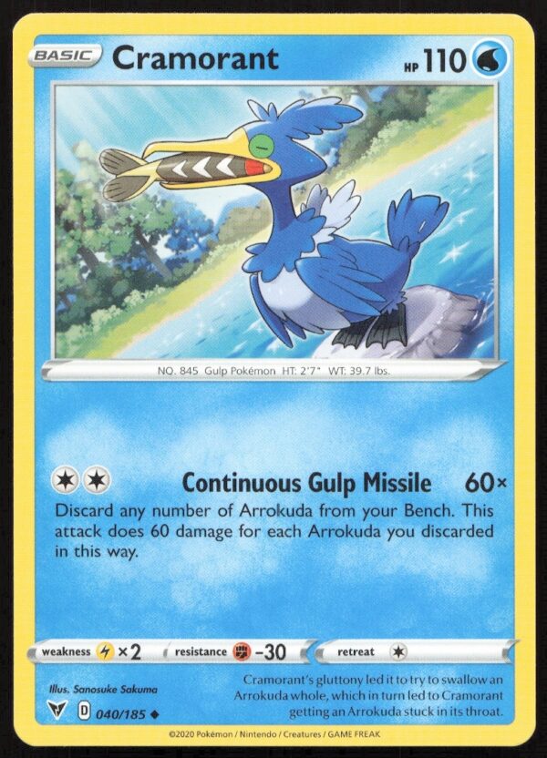 Cramorant Pokémon Card #040/185 from Vivid Voltage, detailed collectors edition front image.
