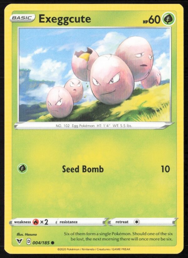 Exeggcute Vivid Voltage Pokémon Card 004/185 - Pastel Pink Eggs Trading Card Image.