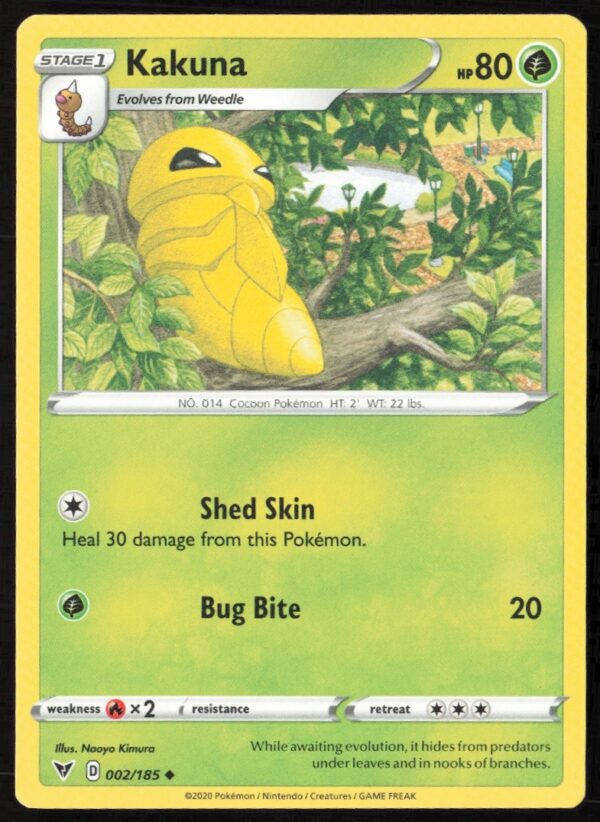 2020 Pokémon Vivid Voltage Kakuna card, Sword & Shield series #002/185, front view.