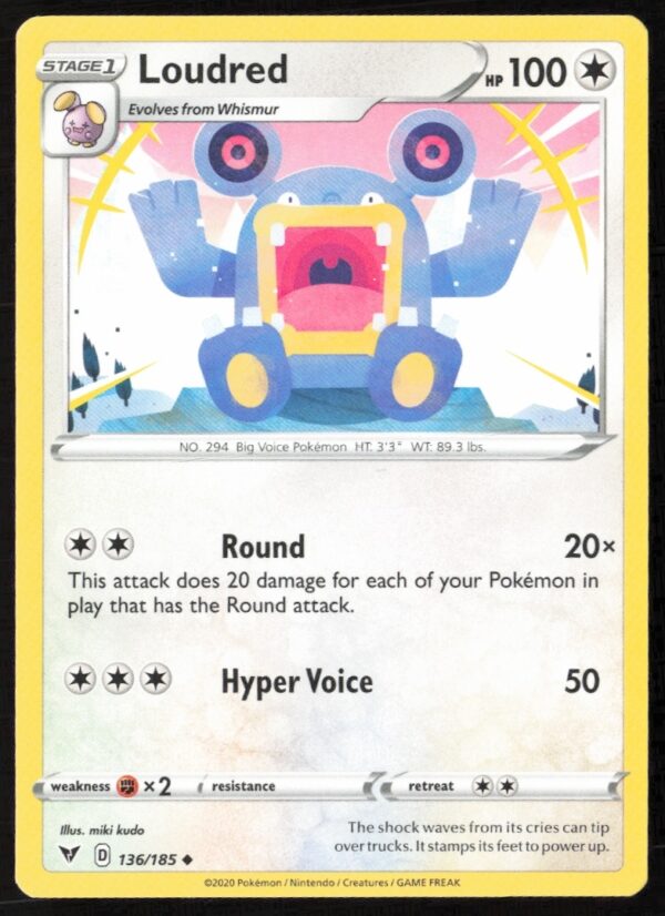 Vivid Voltage Loudred Pokémon Card 2020: Sword & Shield, #136 of 185, vibrant artwork.