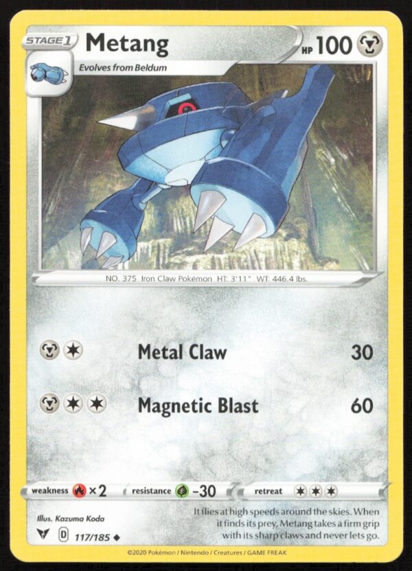 Front view of 2020 Pokémon Vivid Voltage Metang card, number 117/185, Steel/Psychic type.