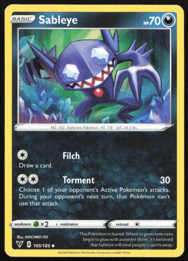 2020 Vivid Voltage Sableye Pokémon card, #105/185, with dynamic artwork and collectible appeal.