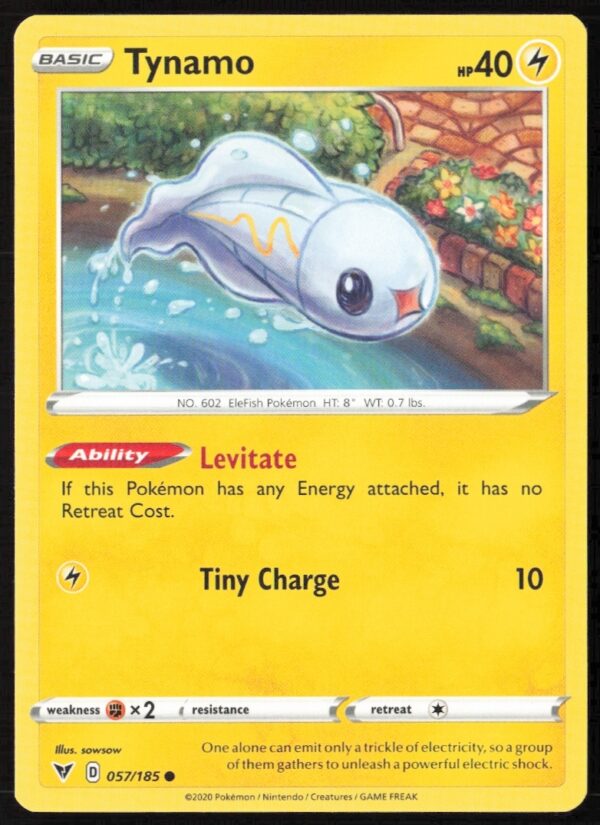 Tynamo Vivid Voltage Card 2020: Front of Electric-Type Pokémon #057/185 in Sword & Shield Series.