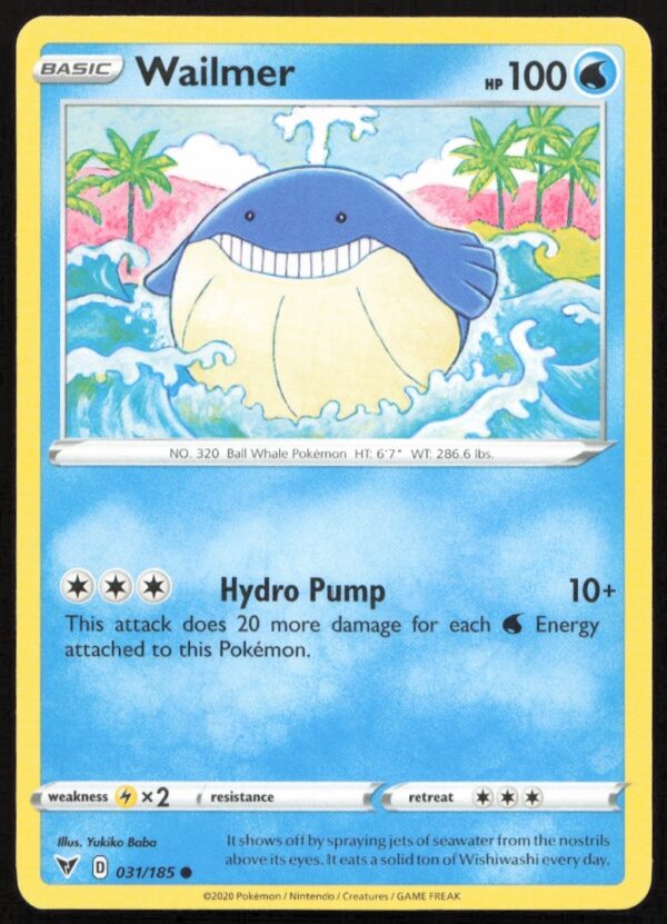 Wailmer Pokémon card from 2020 Vivid Voltage set, #031/185, features vivid ocean colors.