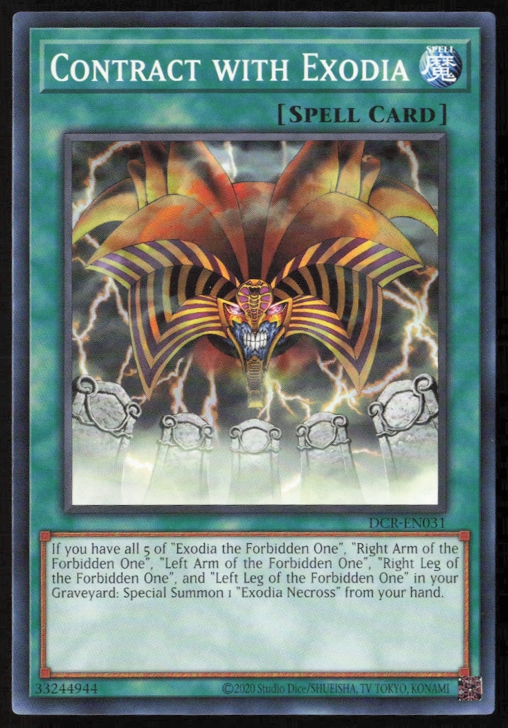 Yu-Gi-Oh! Dark Crisis 25th Anniversary card: Contract With Exodia, 2020 Edition, front view.