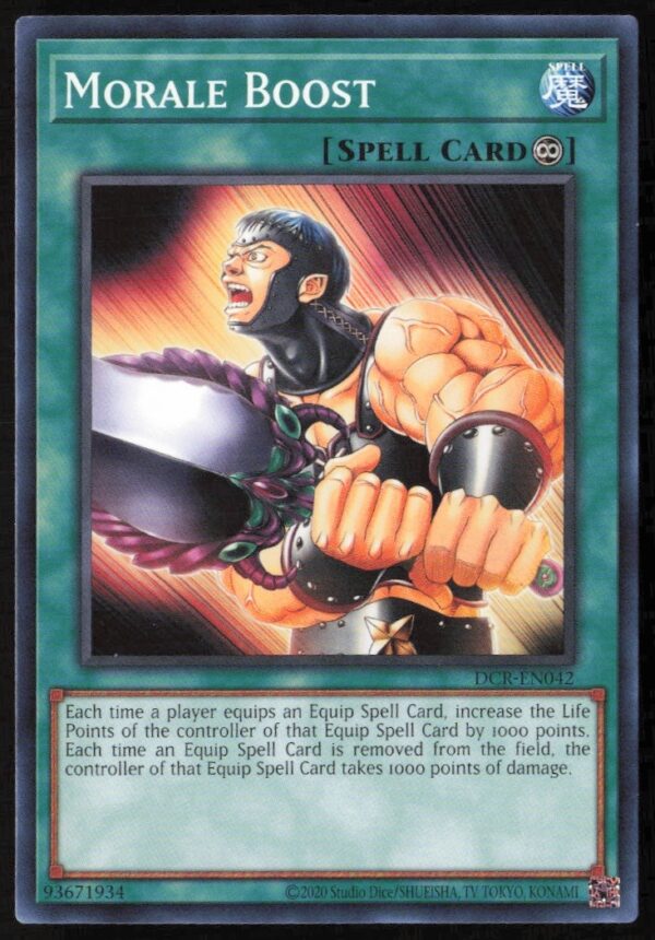 Front view of 25th Anniversary Yu-Gi-Oh! Morale Boost card, #DCR-EN042, celebrating trading card legacy.