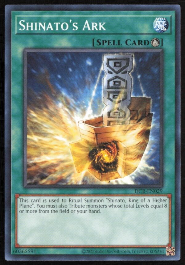 Front view of 25th Anniversary Yu-Gi-Oh! Dark Crisis Shinatos Ark card, DCR-EN029.