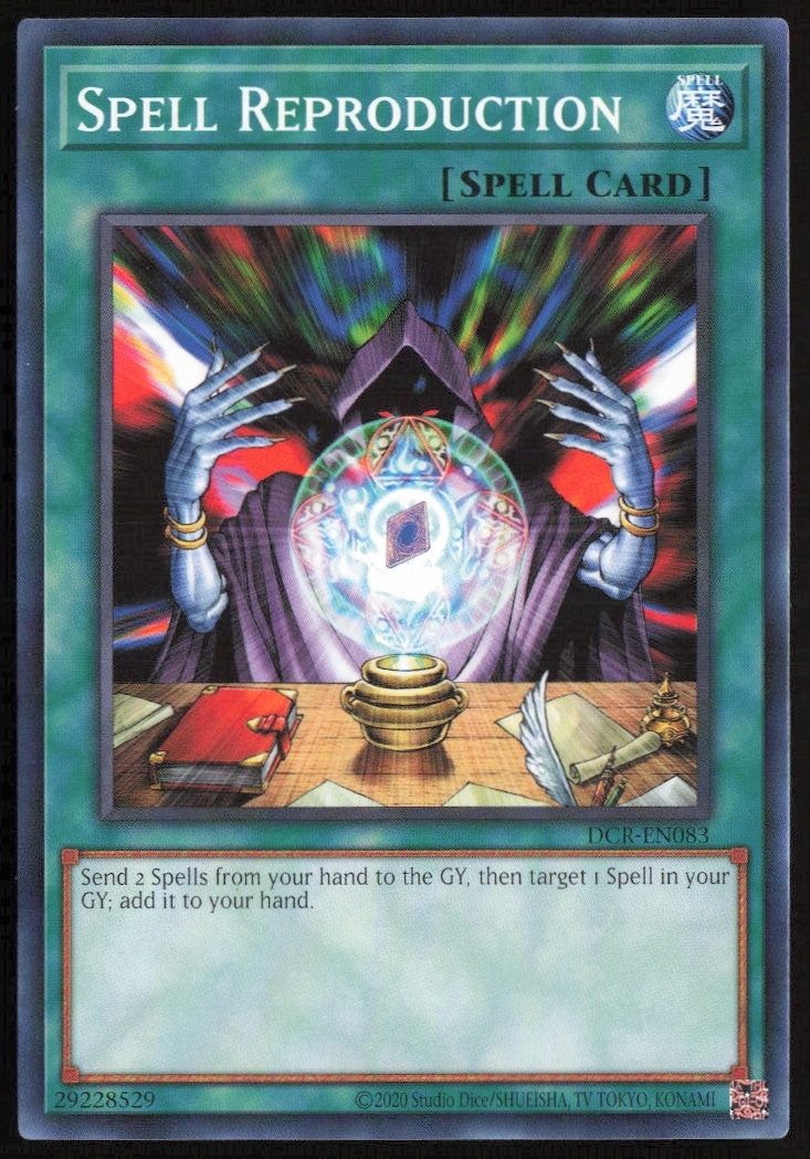 Front view of 2020 Yu-Gi-Oh! Dark Crisis Spell Reproduction card #DCR-EN083 with holographic design.