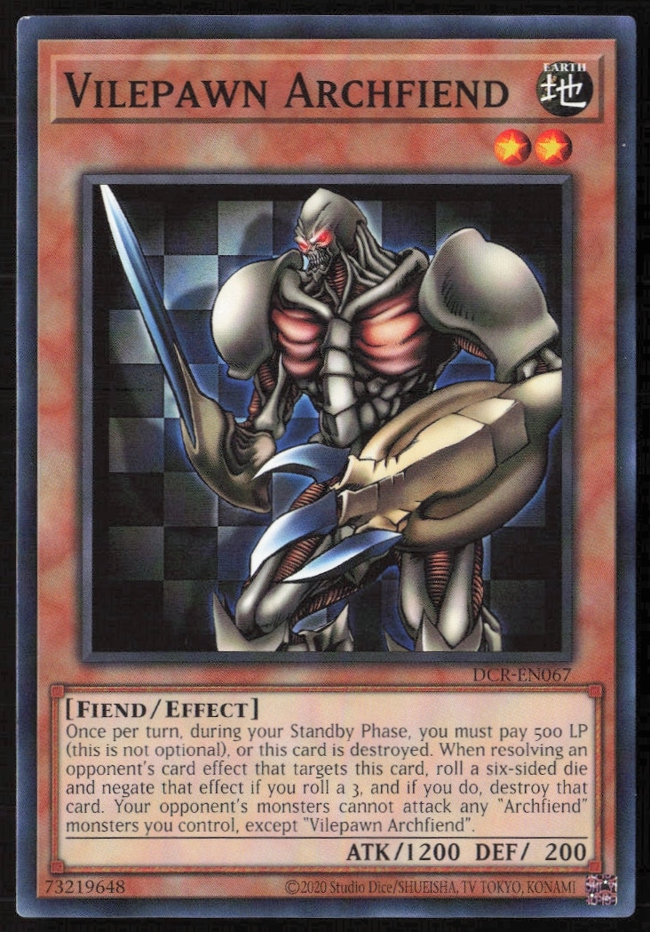 Yu-Gi-Oh! 25th Anniversary Vilepawn Archfiend card with ominous armored fiend artwork.
