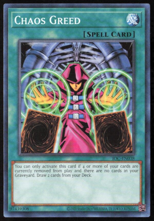 Yu-Gi-Oh! 2020 Chaos Greed Card Front, 25th Anniversary Edition, #IOC-EN038.