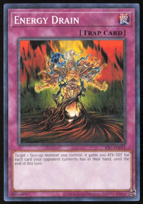Front of 2020 Yu-Gi-Oh! Energy Drain Card, Invasion of Chaos 25th Edition, IOC-EN055.