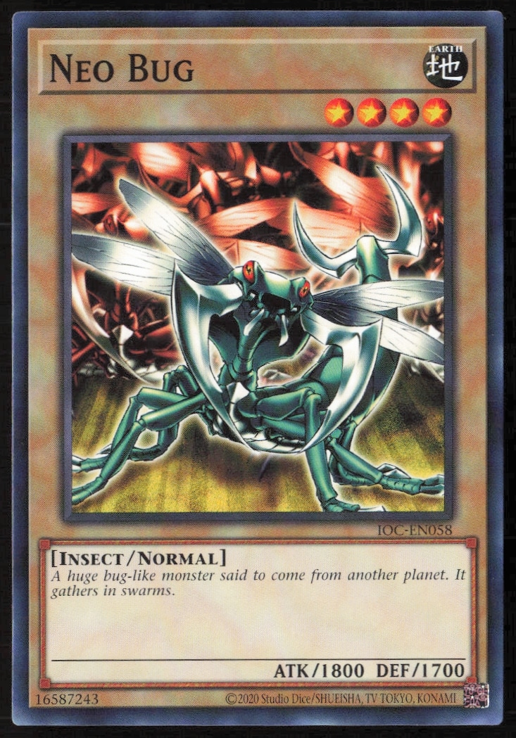 Yu-Gi-Oh! 25th Anniversary Neo Bug Card #IOC-EN058 with vibrant artwork, front view.