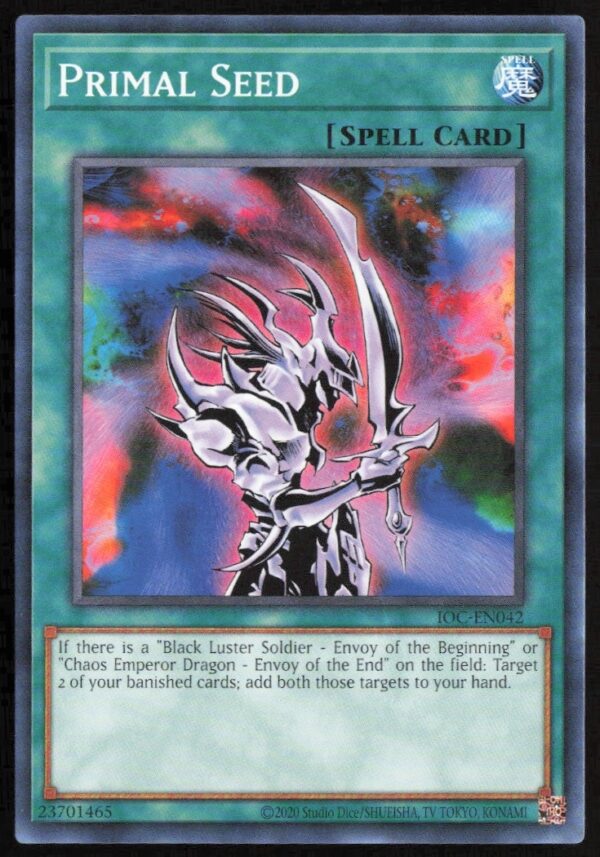 2020 Yu-Gi-Oh! Primal Seed Card, 25th Anniversary Edition, Front View, Collectible Artwork.
