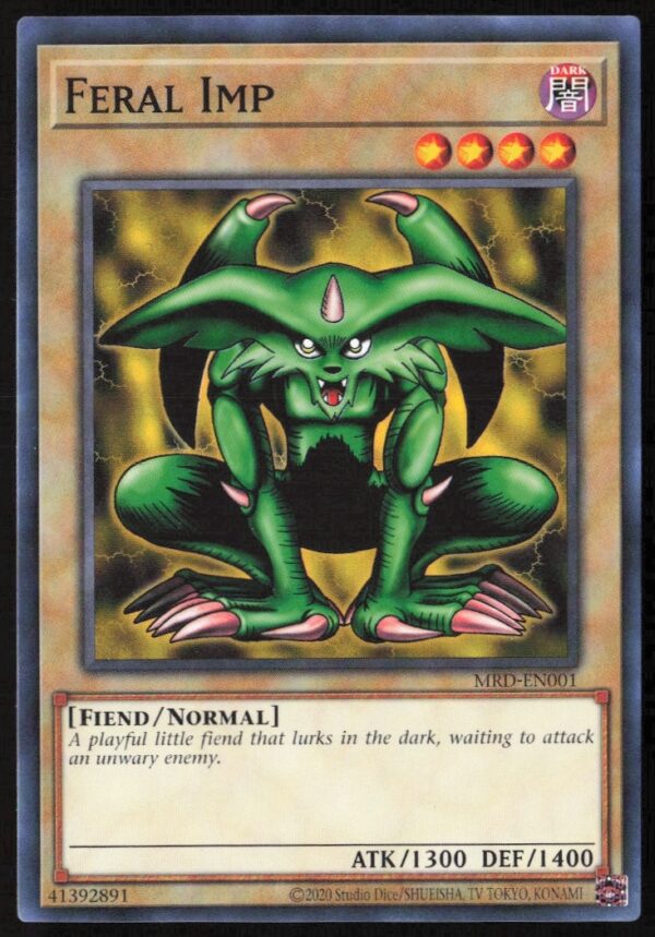 Yu-Gi-Oh! 25th Anniversary Feral Imp Card #MRD-EN001, 2020 Edition, Front View.