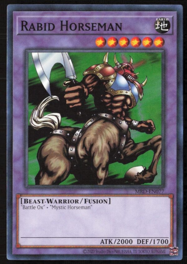 2020 Yu-Gi-Oh! Metal Raiders Rabid Horseman Card #MRD-EN077, 25th Anniversary Edition.