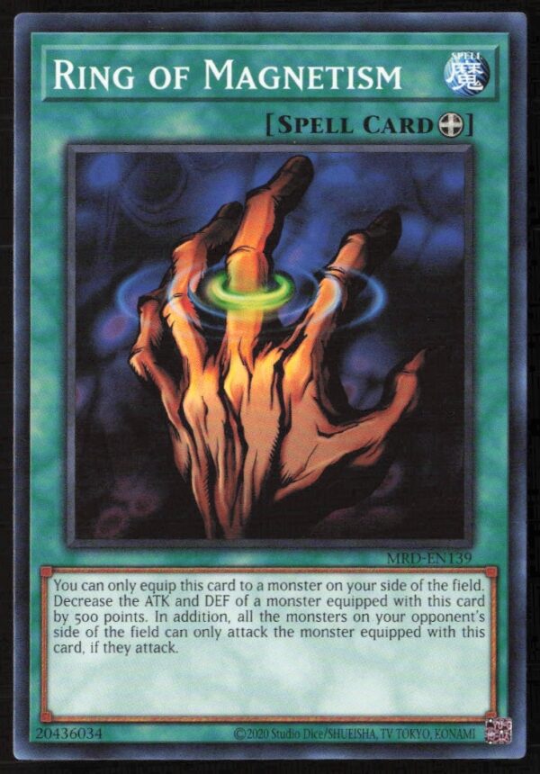 Front view of Yu-Gi-Oh! Metal Raiders 25th Anniversary card: Ring of Magnetism, #MRD-EN139.