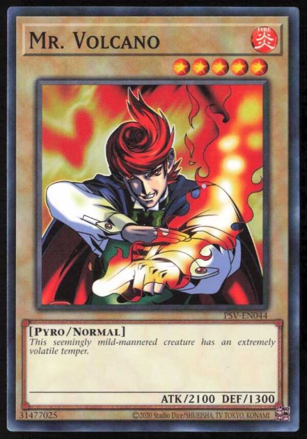 Mr. Volcano Yu-Gi-Oh! 25th Anniversary card, vibrant volcano artwork, edition PSV-EN044.