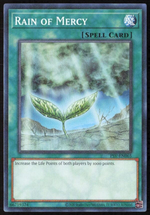 Yu-Gi-Oh! 25th Anniversary Rain Of Mercy Card, PSV-EN065, Front View.