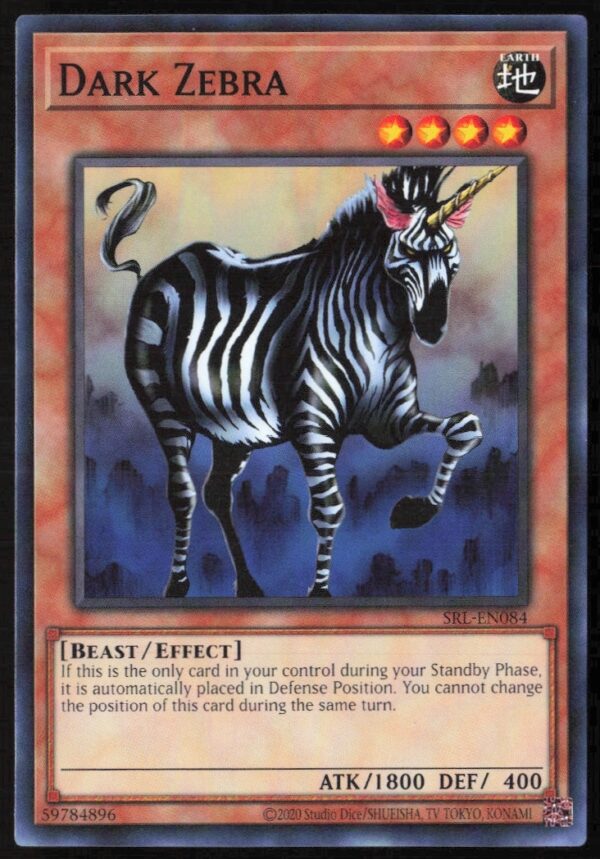 Front view of 2020 Yu-Gi-Oh! 25th Anniversary Dark Zebra card #SRL-EN84.