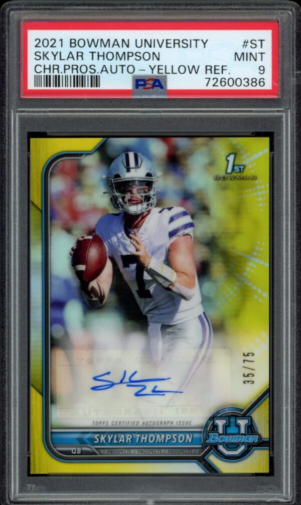 Skyler Thompsons autographed 2021 Bowman University card graded 9 MINT in action.
