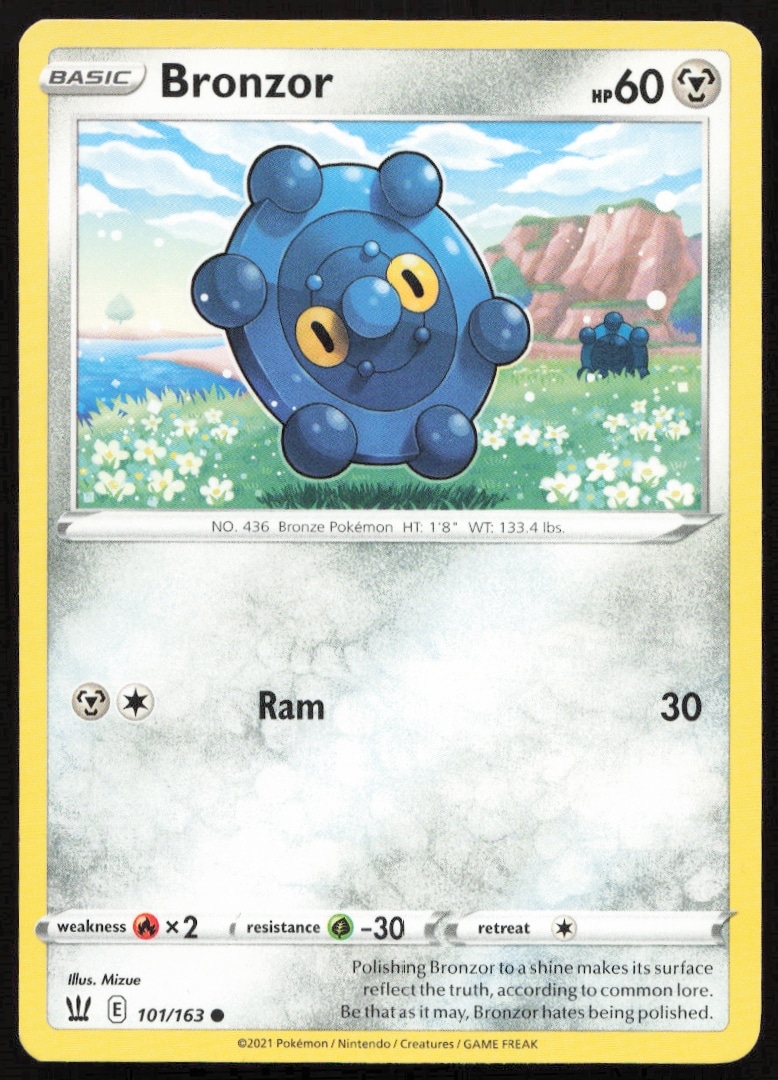 Bronzor Pokémon card from 2021 Sword & Shield Battle Styles set, card #101/163.