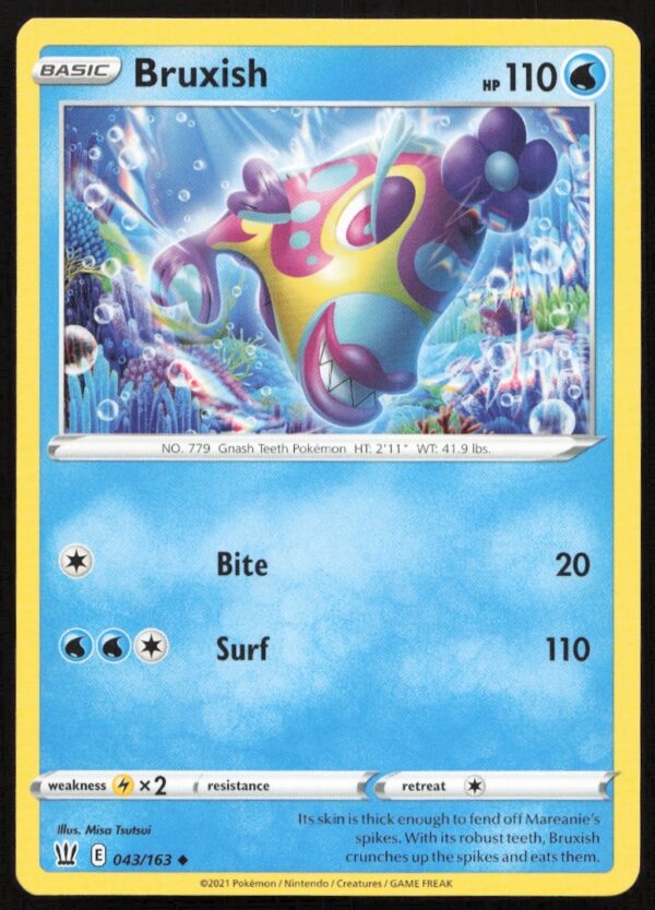 Bruxish card from 2021 Pokémon Battle Styles, vibrant artwork and colorful scales.