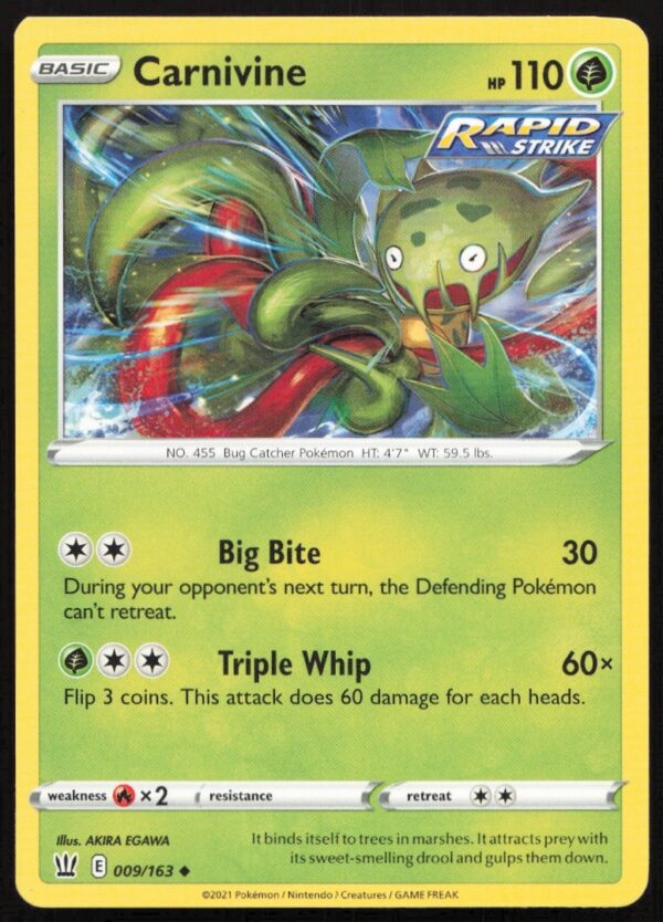 Carnivine Pokémon card from 2021 Battle Styles set, #009/163 front view.