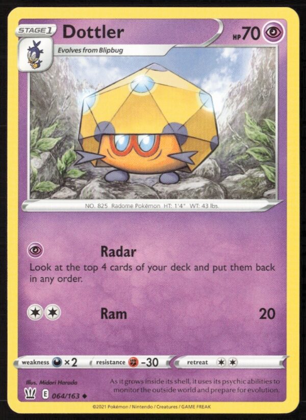 2021 Pokémon Battle Styles Dottler card #064/163, featuring vibrant, holographic insect-like Pokémon.