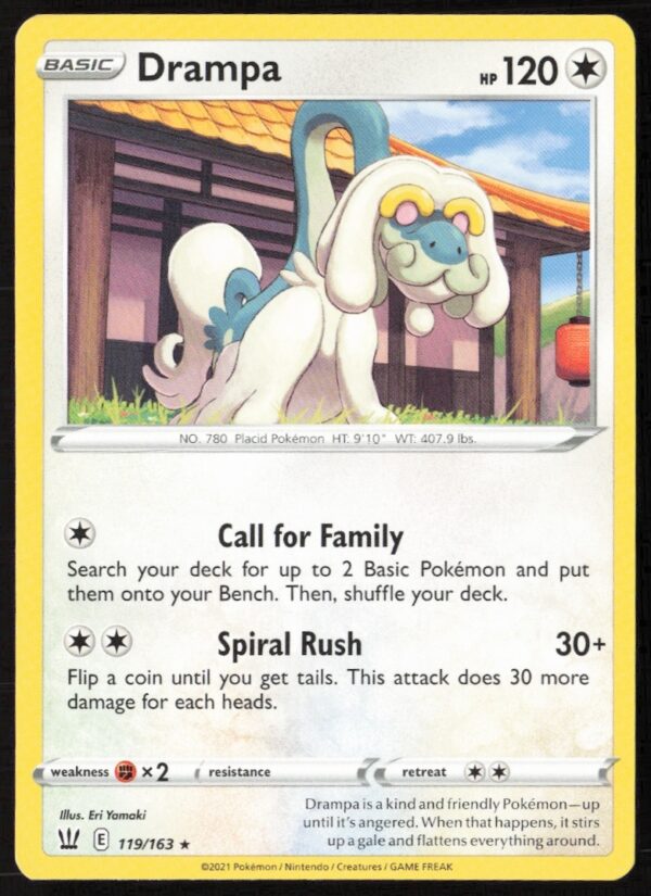 Drampa Pokémon card from 2021 Sword & Shield Battle Styles, card #119/163, dragon-type.