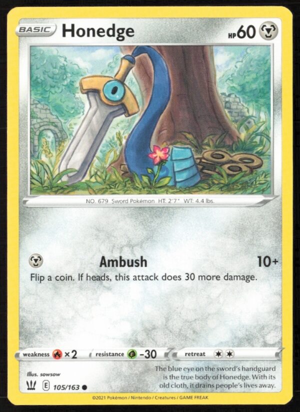 2021 Battle Styles Honedge Pokémon Card #105: Steel/Ghost type with sword design.