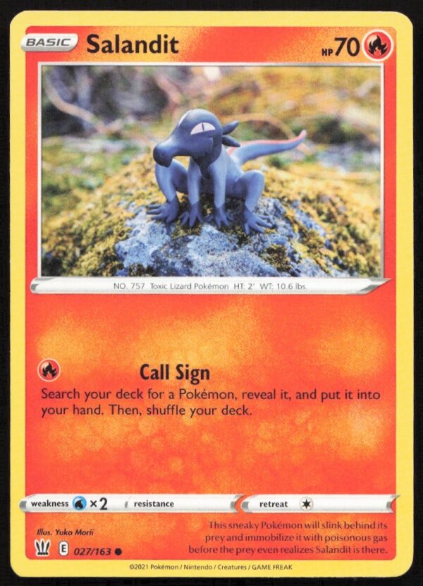 Salandit Pokémon card #027/163 from 2021 Battle Styles set, showcasing dynamic art.
